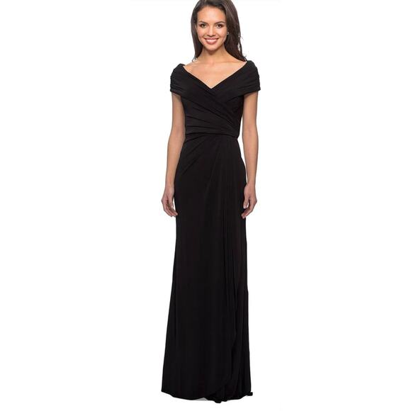La Femme Black Off Shoulder V Neck Jersey Gown - Size 14 - Picture 1 of 5